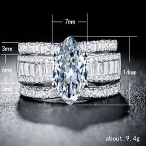 STERLING SILVER MARQUISE CUT BAGUETTE DIAMOND RING AND DIAMOND RING GUARDS - Picture 3 of 7